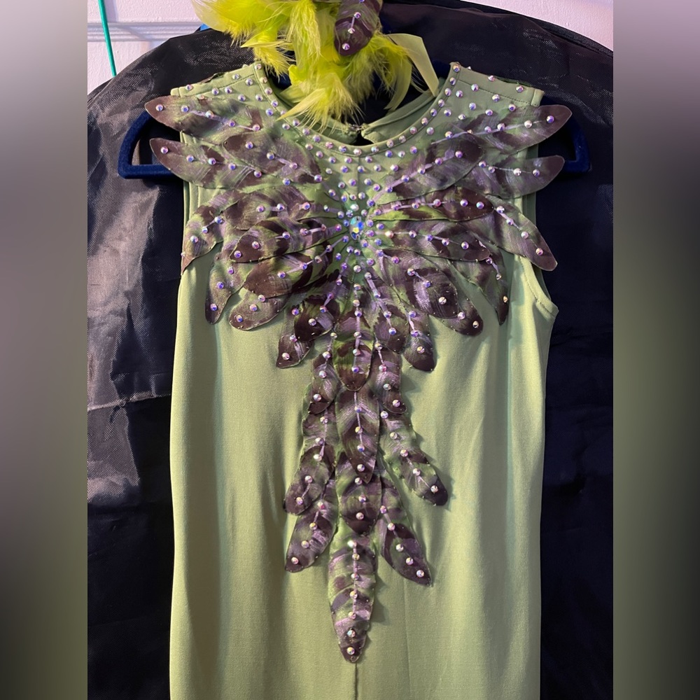 Custom green bird inspired unitard costume with Swarovski Rhinestones.